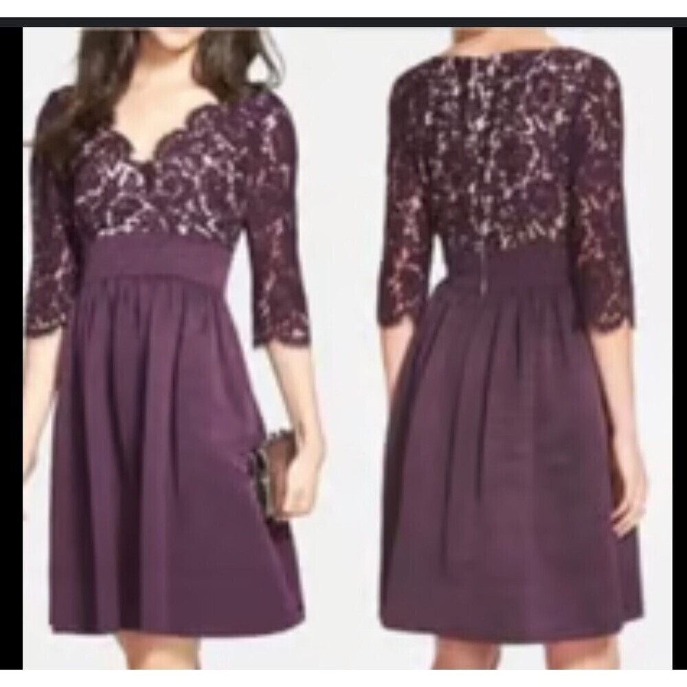 Eliza J mother of the bride cocktail dress deep grape purple lace V-neck SZ 12
